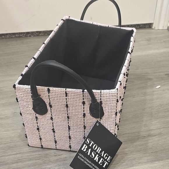 At Home Cotton/Linen Decorative Storage Basket w/Leather Handles - Picture 3 of 5